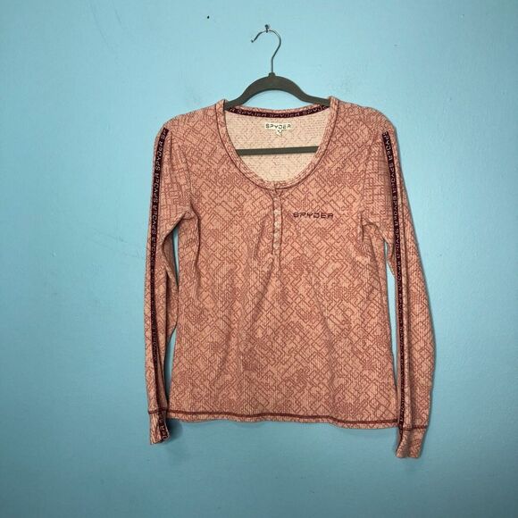 Spyder Shirt Womens Medium Pink Long Sleeve Thermal Waffle Knit Logo Henley - Picture 1 of 7
